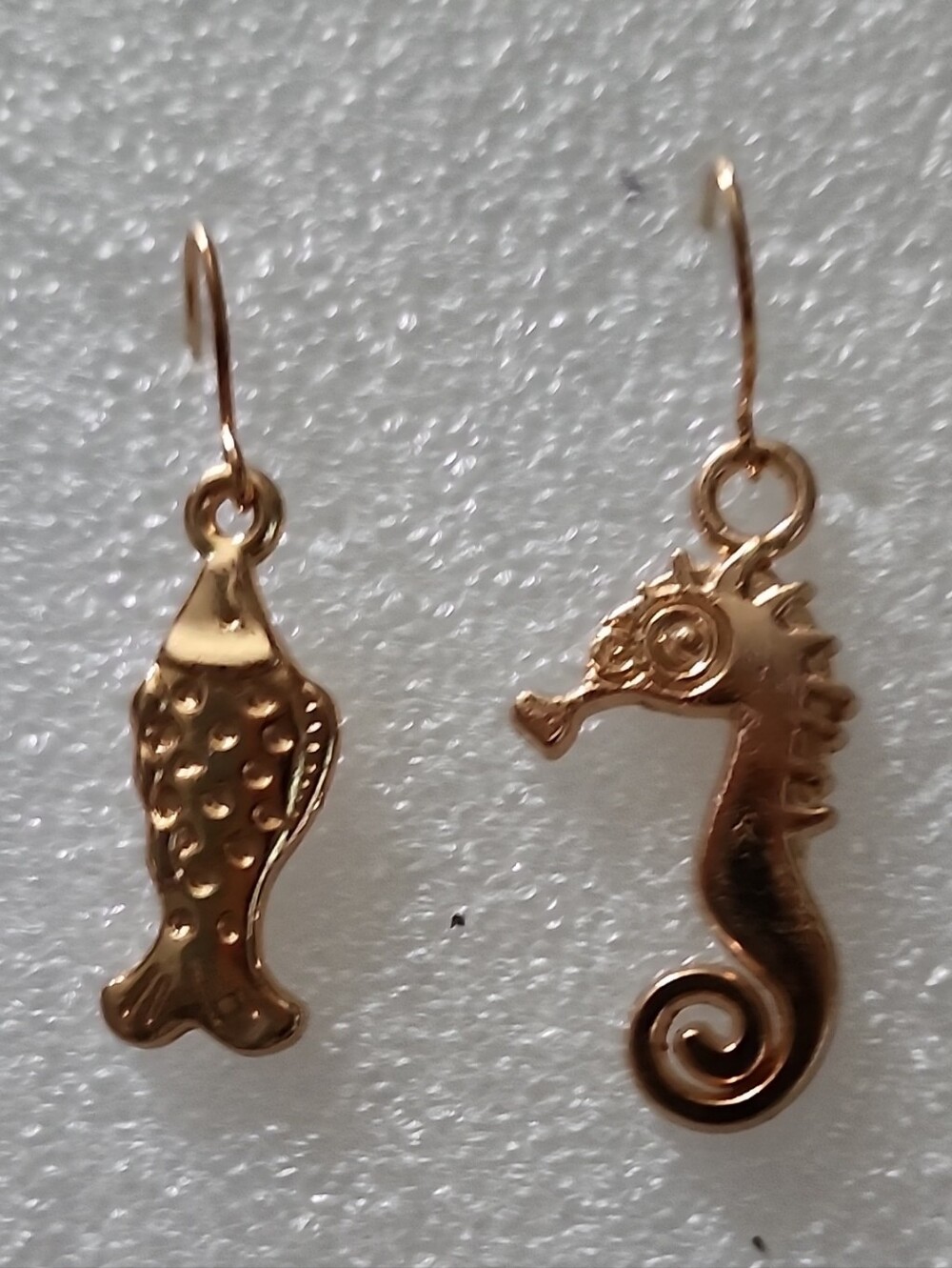 Hand Crafted Gold Seahorse and Fish Drop Earrings